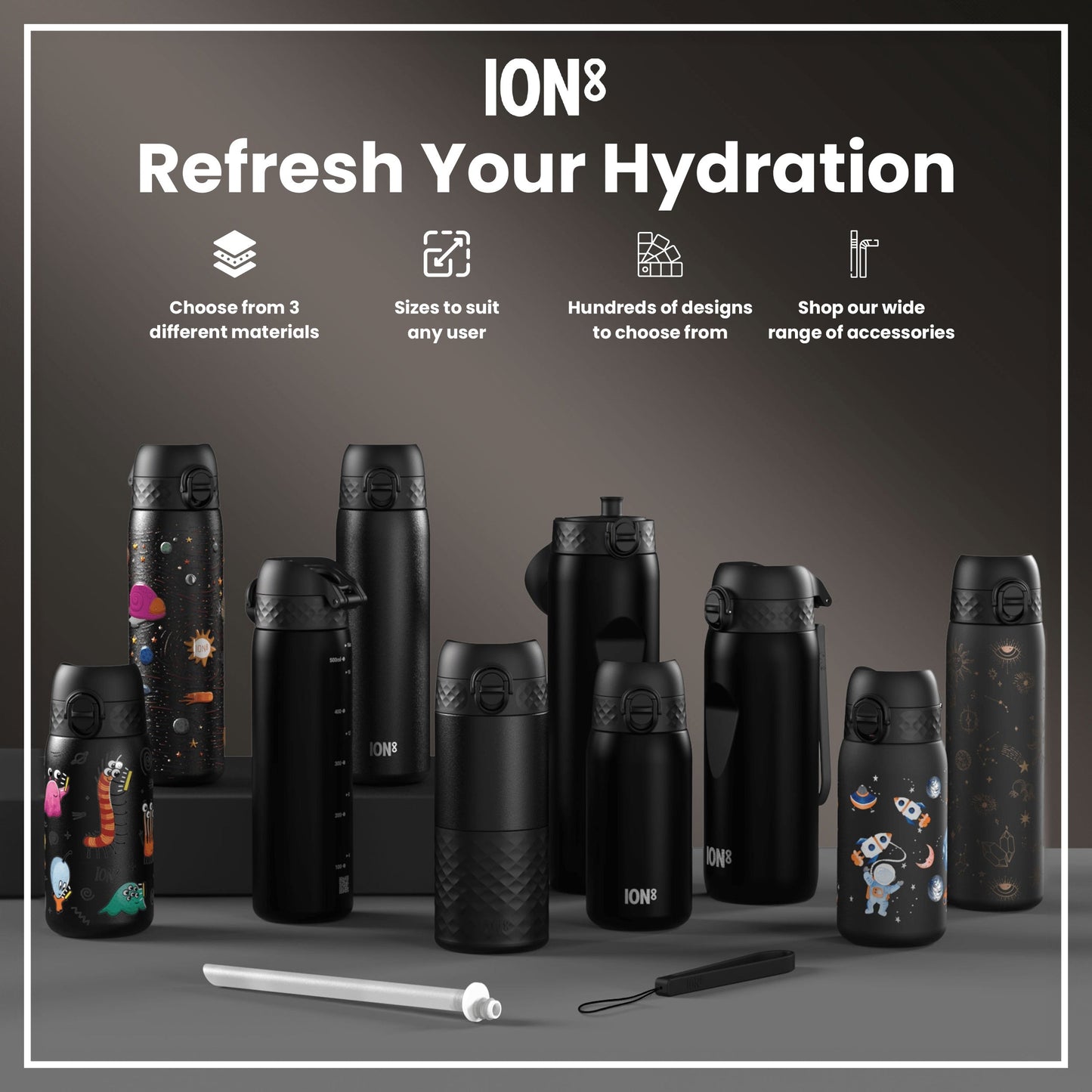 Leak Proof Slim Water Bottle, Stainless Steel, Spaceships, 600ml (20oz)