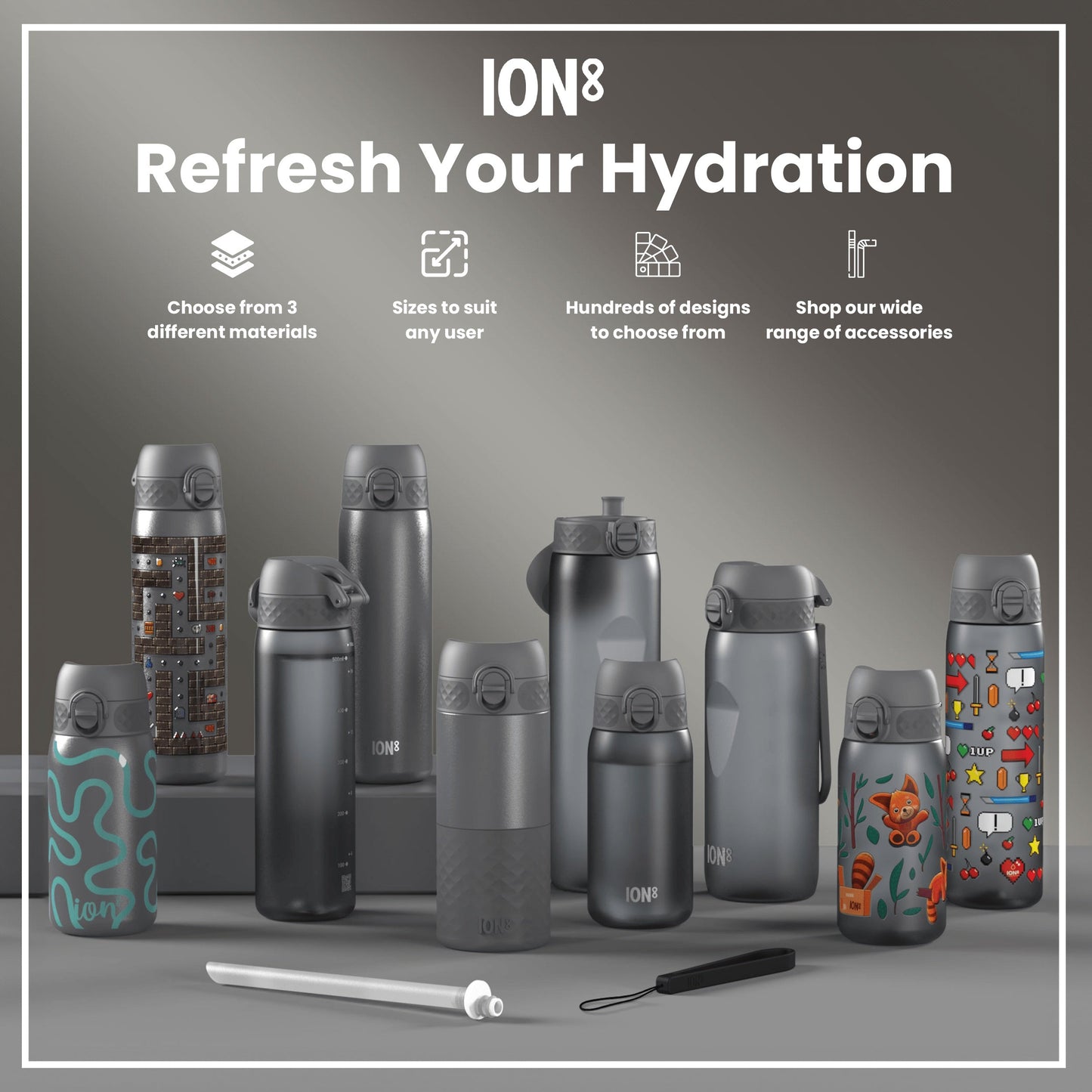 Leak Proof Small Water Bottle With Straw, Recyclon, Grey, 350ml (12oz)