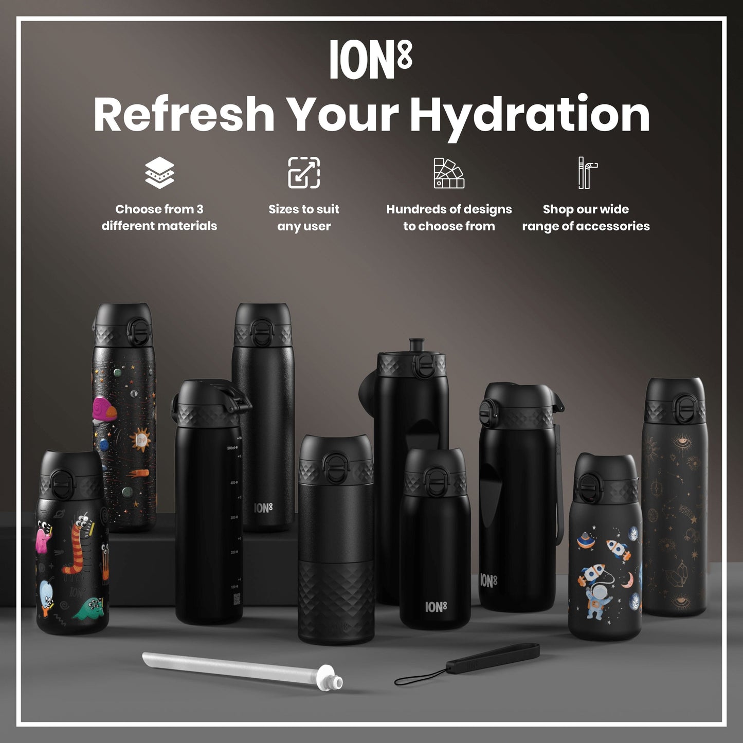 Leak Proof Small Water Bottle With Straw, Recyclon, Black, 350ml (12oz)