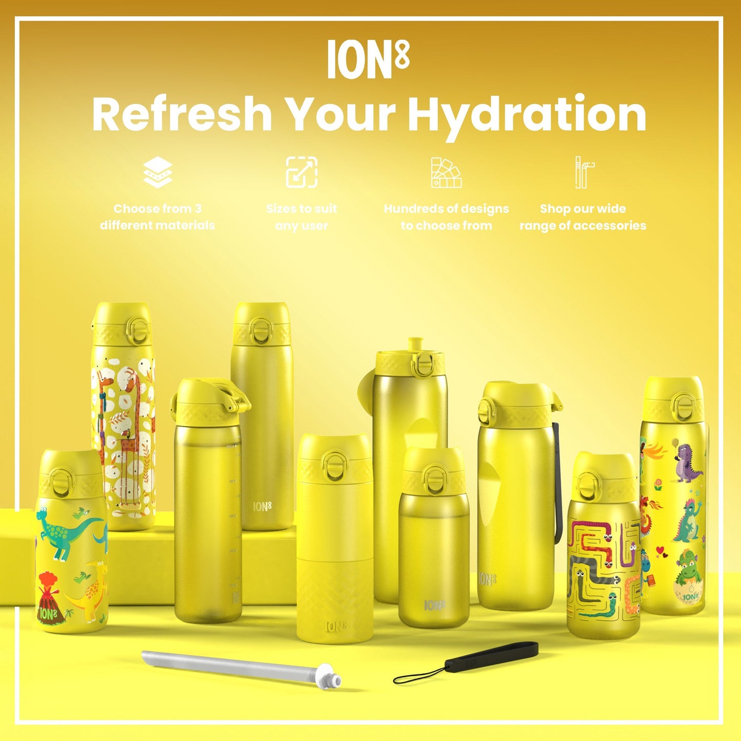 Leak Proof Slim Water Bottle, Stainless Steel, Yellow Unicorns, 600ml (20oz)