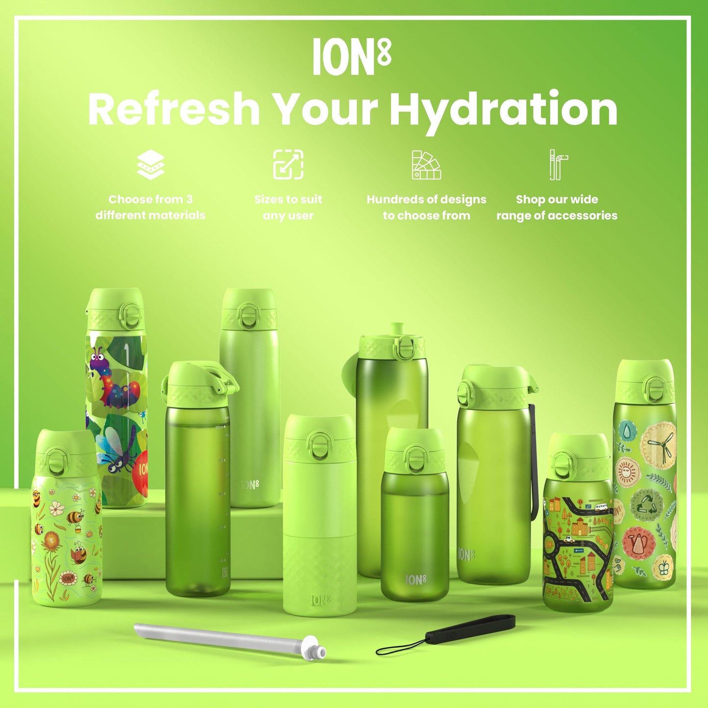 Leak Proof Slim Water Bottle, Recyclon, Khaki Green, 500ml (18oz)