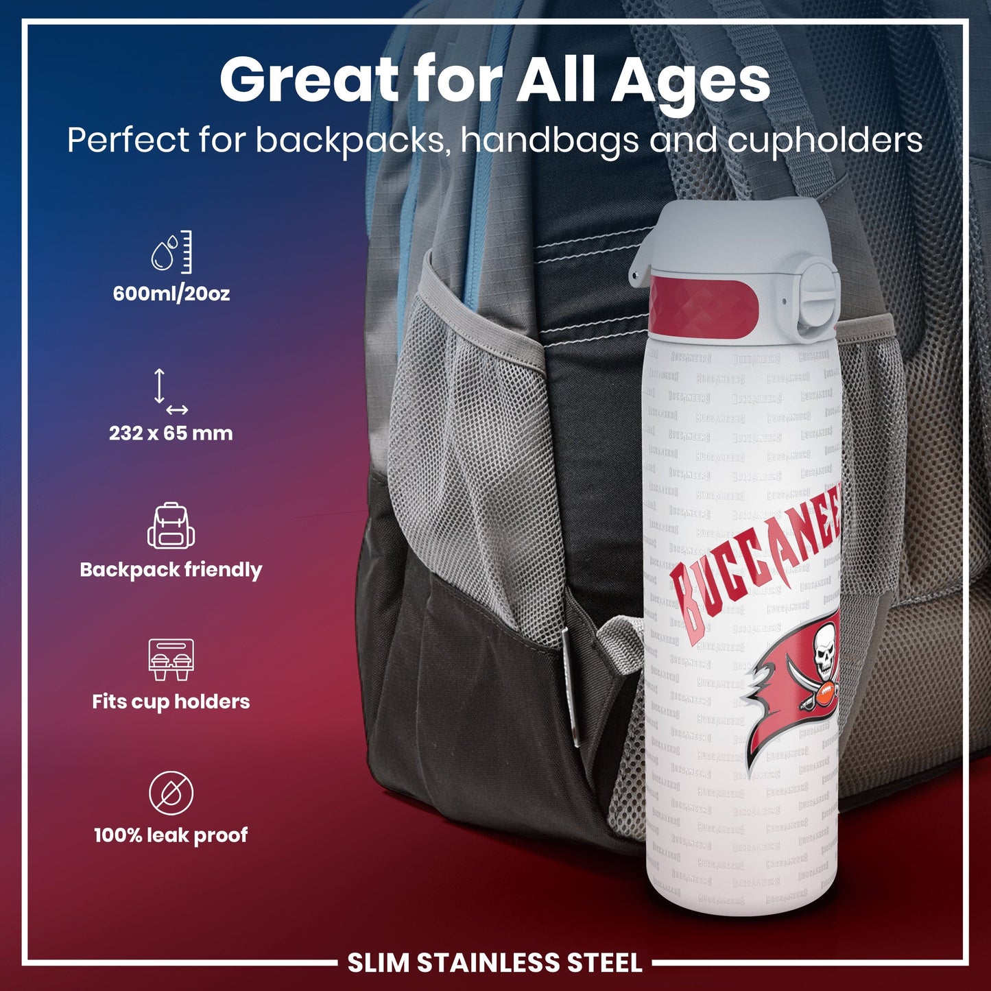 Leak Proof NFL Water Bottle, Stainless Steel, Tampa Bay Buccaneers, 600ml (20oz)