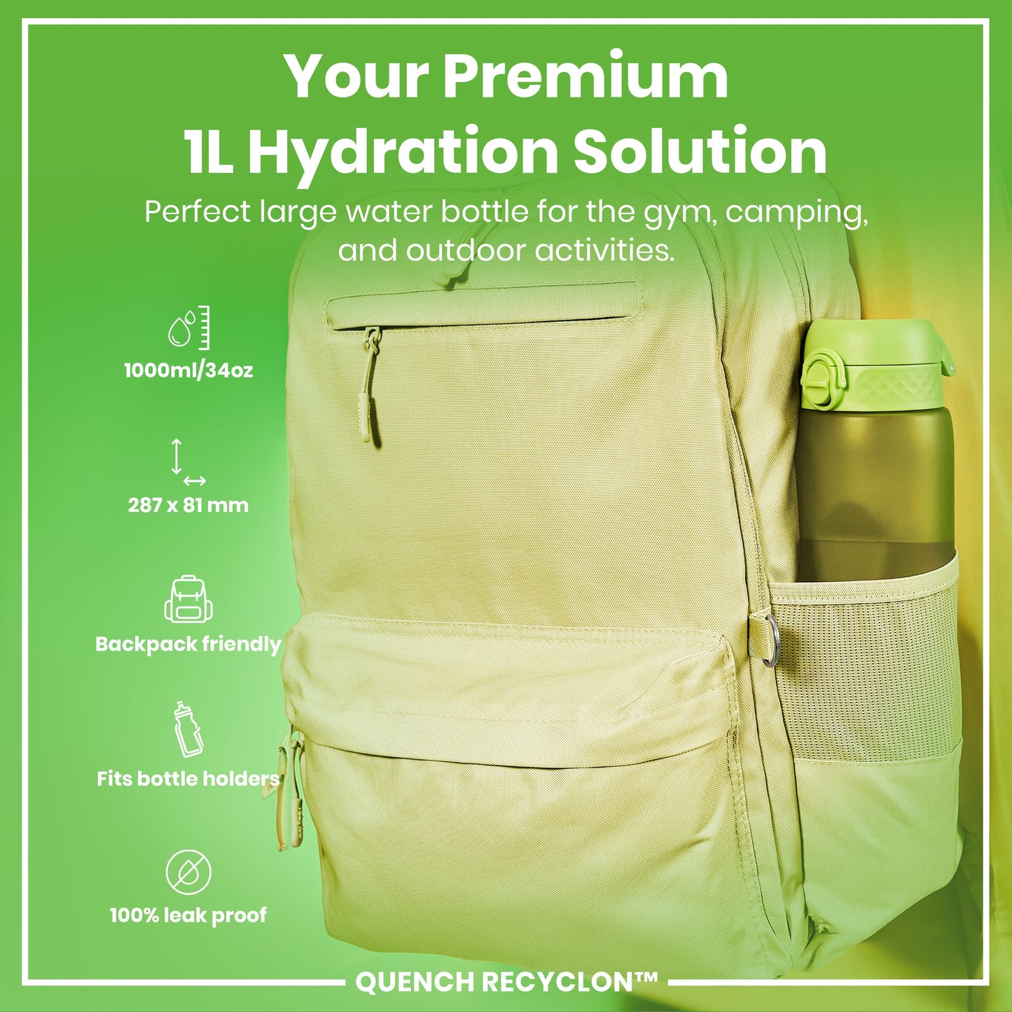 Leak Proof 1 litre Water Bottle, Recyclon, Green, 1L