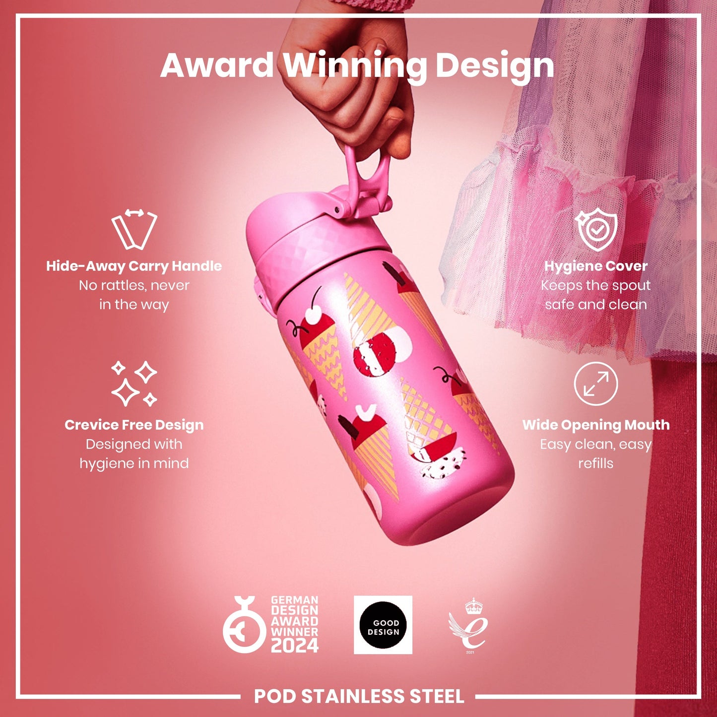 Leak Proof Kids Water Bottle, Stainless Steel, Ice Creams, 400ml (13oz)