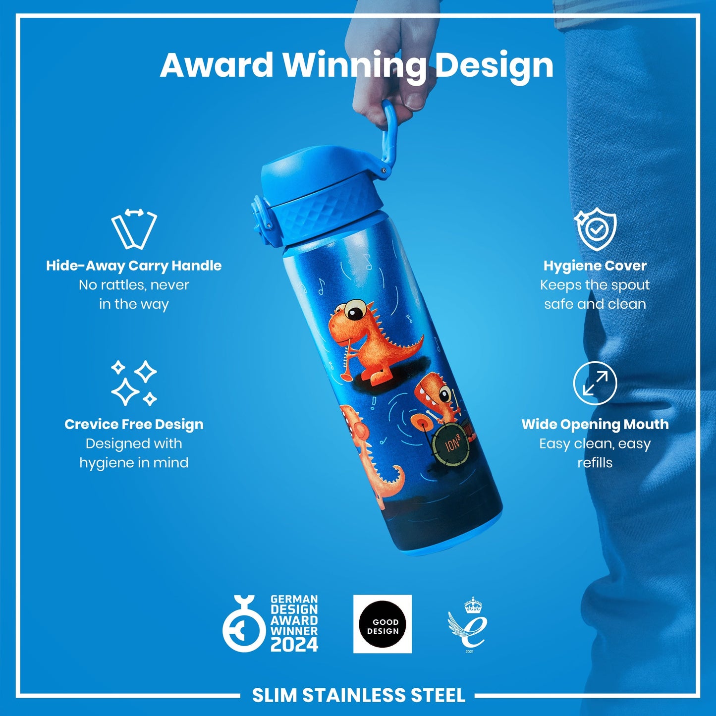 Leak Proof Slim Water Bottle, Stainless Steel, Dino Band, 600ml (20oz)