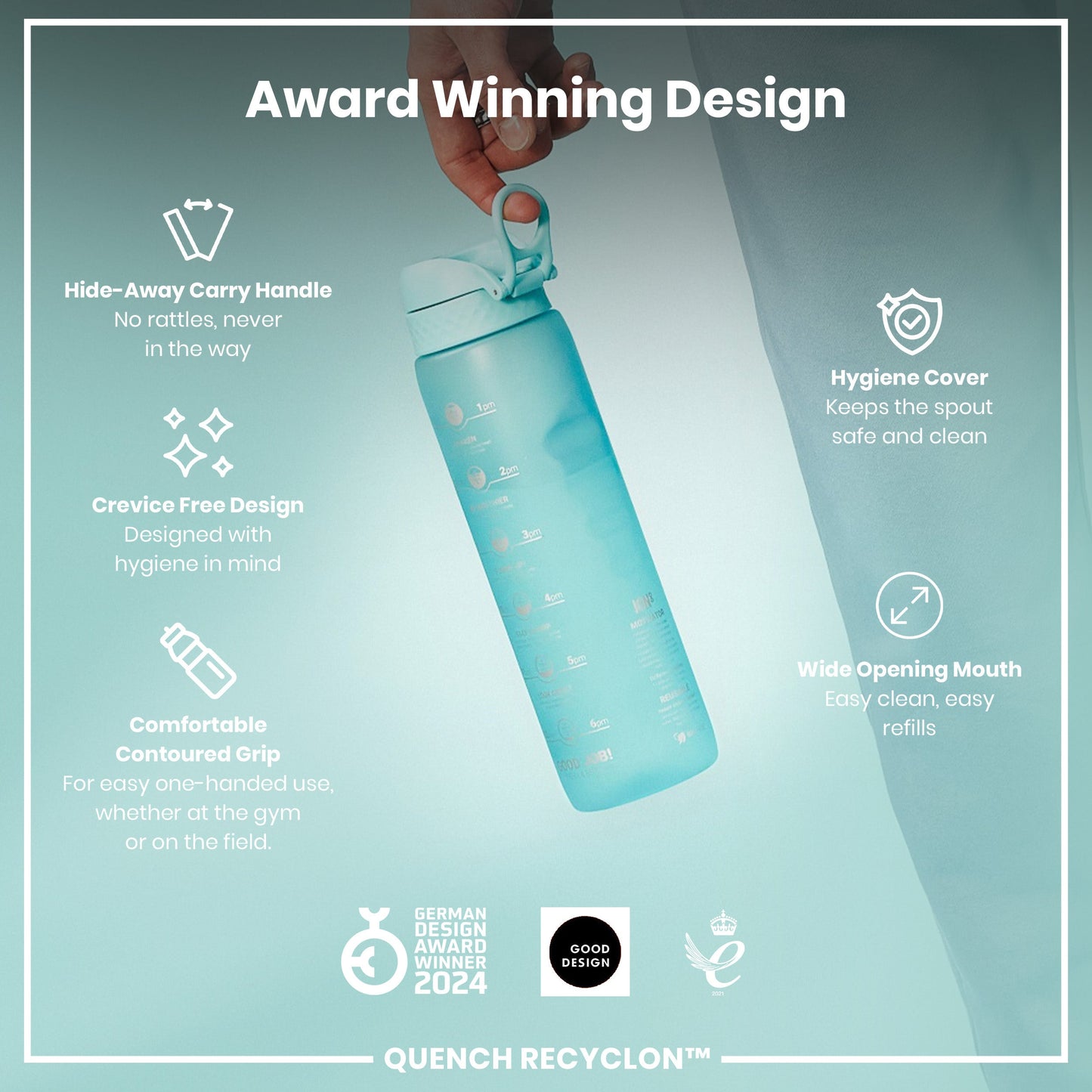 Leak Proof 1 Litre Water Bottle with Times to Drink, Recyclon, Sonic Blue, 1L