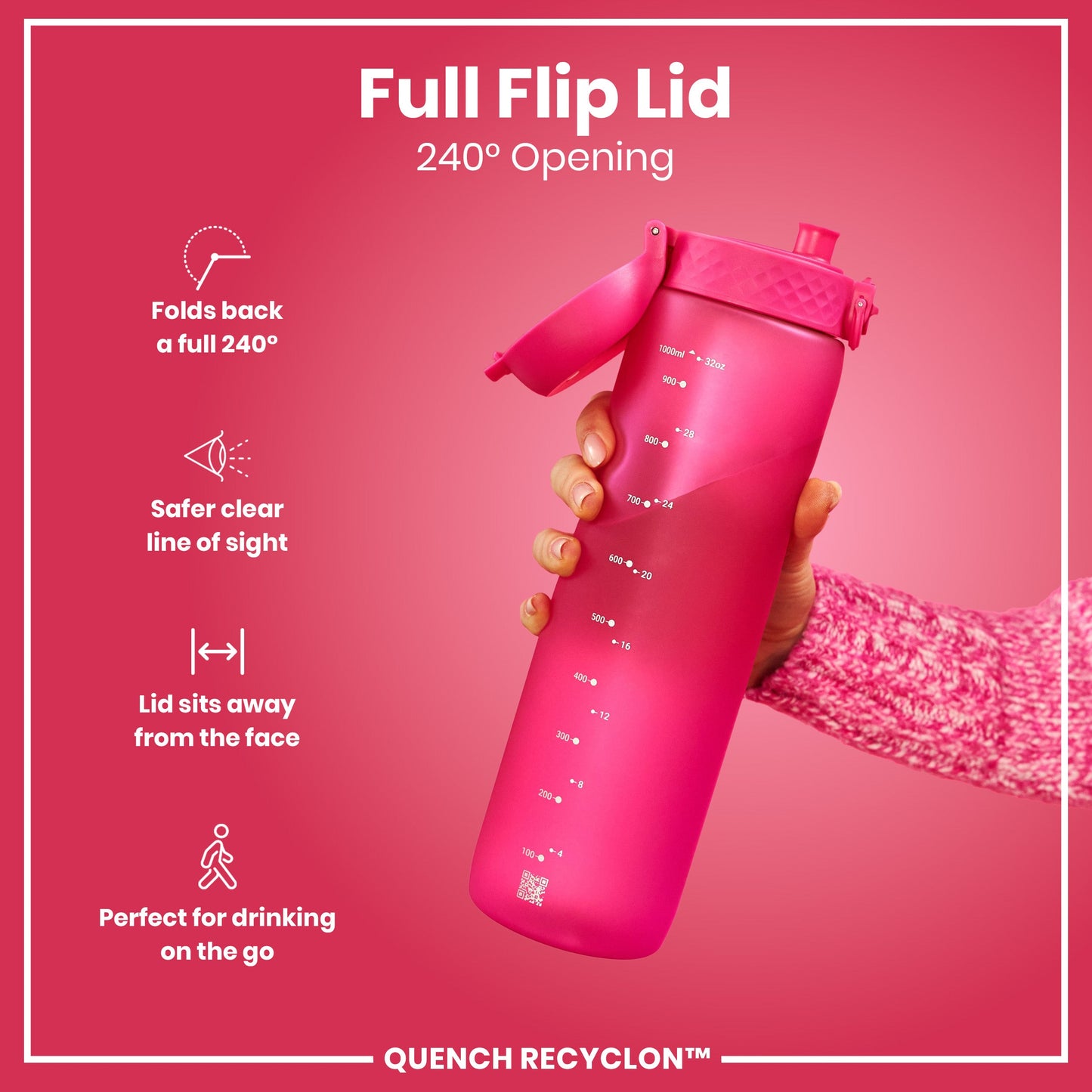 Leak Proof 1 litre Water Bottle, Recyclon, Pink, 1L