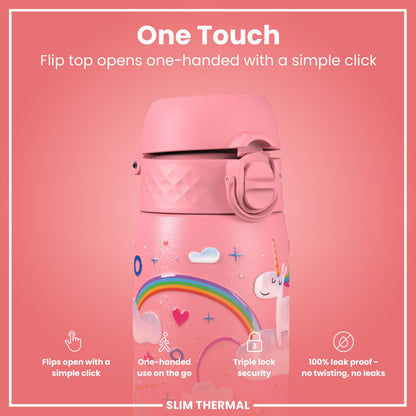 Leak Proof Slim Thermal Steel Water Bottle, Insulated, Unicorn, 500ml (17oz)