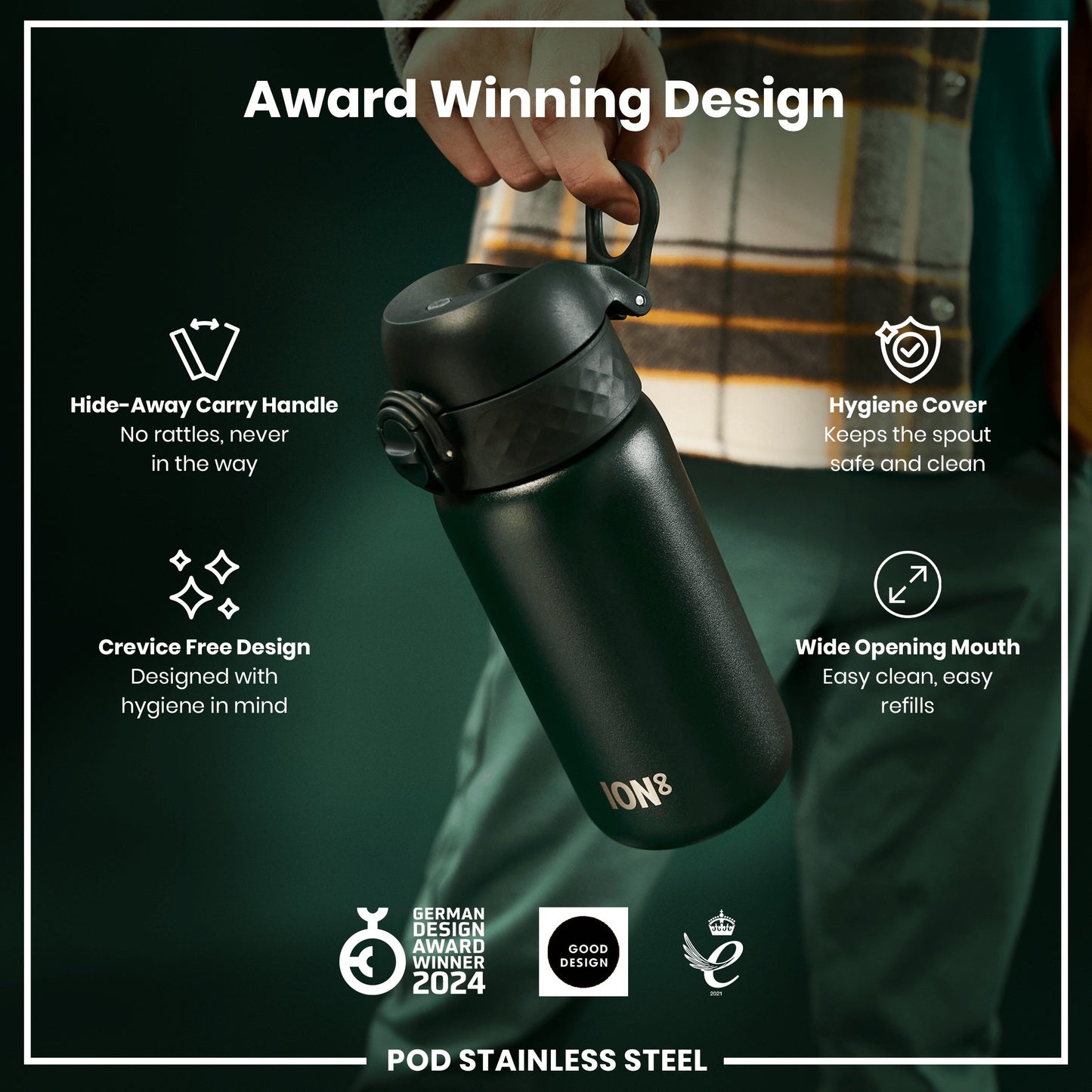 Leak Proof Kids Water Bottle, Stainless Steel, Dark Green, 400ml (13oz)