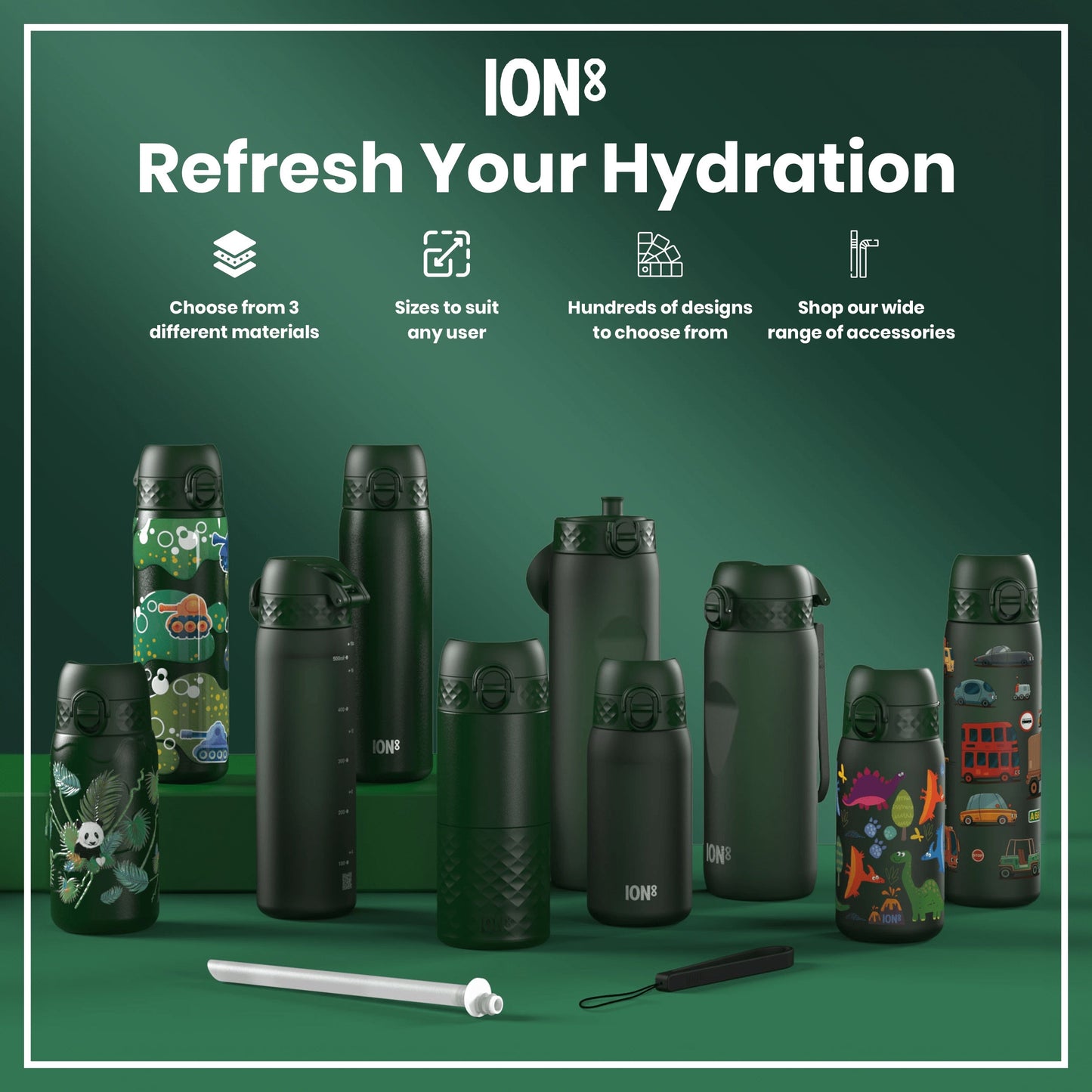 Leak Proof Kids Water Bottle, Stainless Steel, Dark Green, 400ml (13oz)