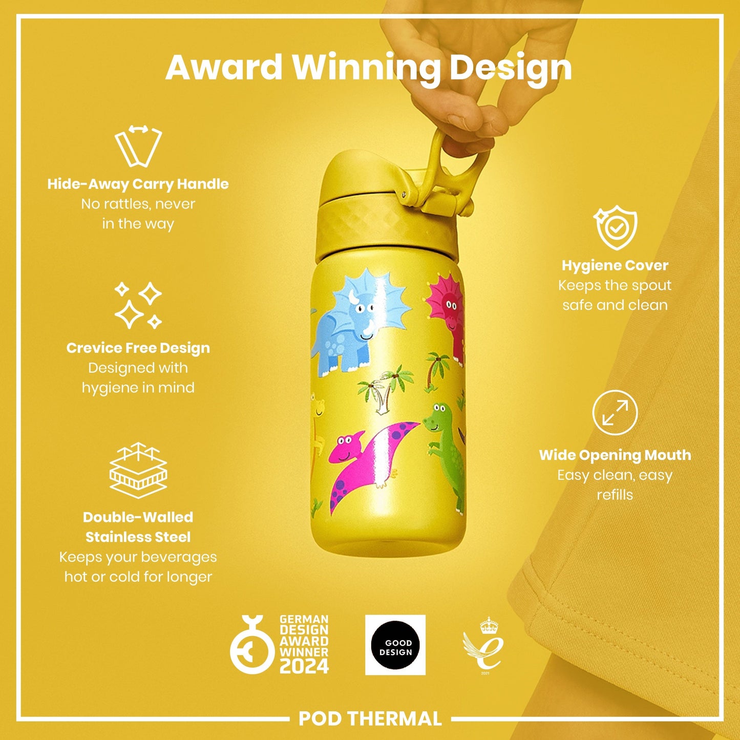 Leak Proof Thermal Steel Water Bottle, Insulated, Dinosaurs, 320ml (11oz)