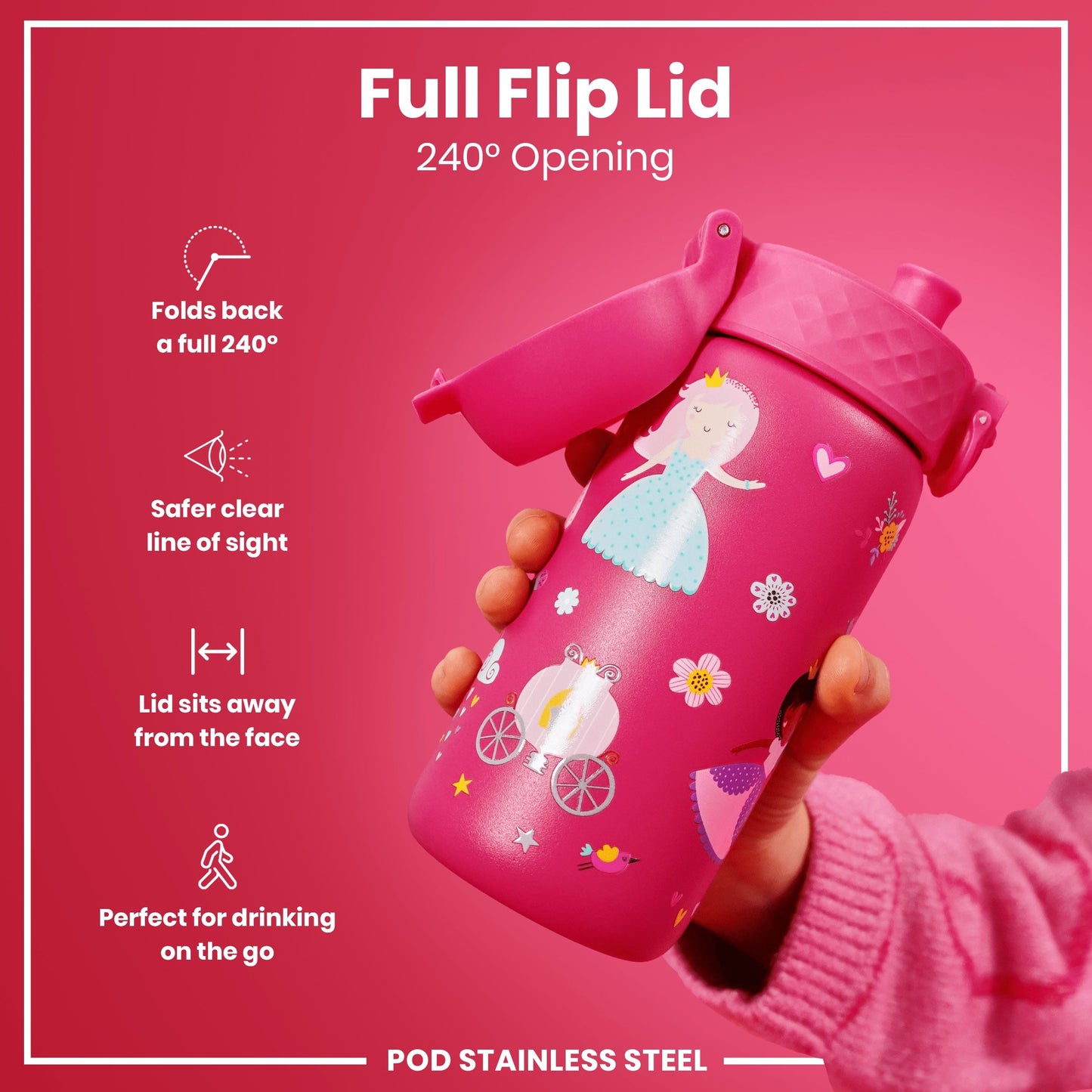 Leak Proof Kids Water Bottle, Stainless Steel, Princess, 400ml (13oz)