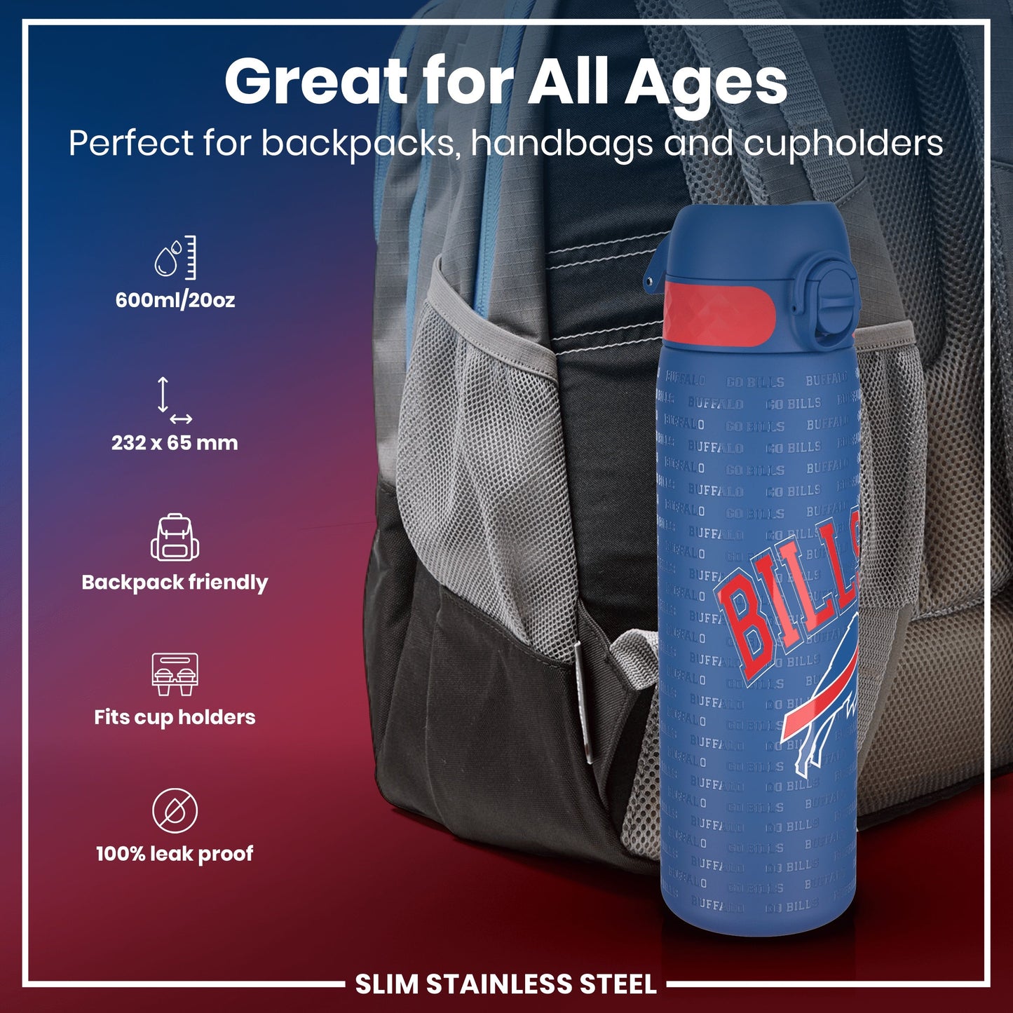 Leak Proof NFL Water Bottle, Stainless Steel, Buffalo Bills, 600ml (20oz)