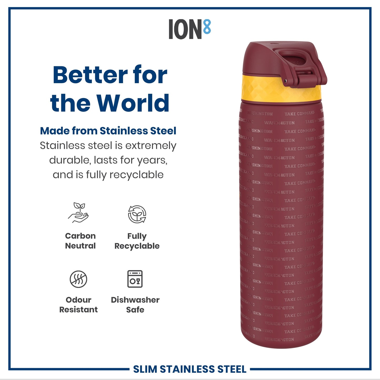 Leak Proof NFL Water Bottle, Stainless Steel, Washington Commanders, 600ml (20oz)