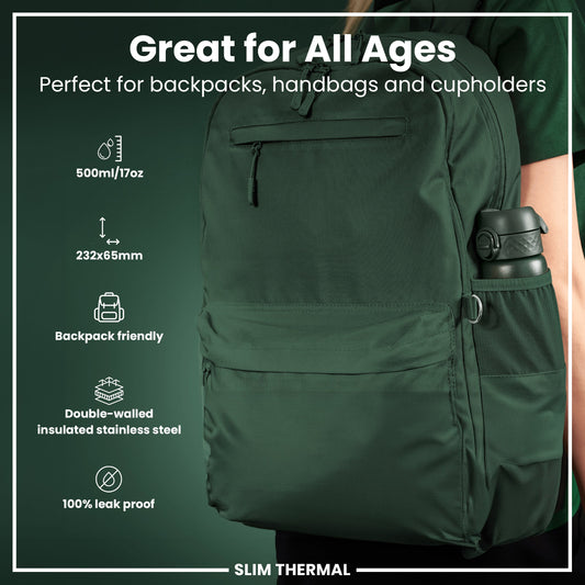 Leak Proof Slim Thermal Water Bottle, Insulated Steel, Dark Green, 500ml (17oz)