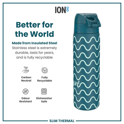 Leak Proof Slim Thermal Water Bottle, Insulated Steel, Wave, 500ml (17oz)