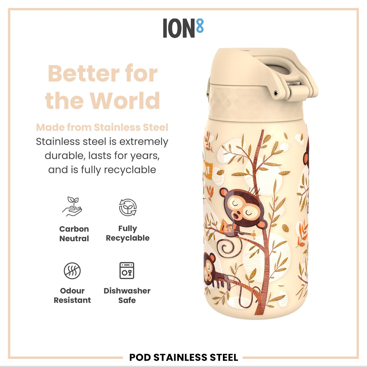 Leak Proof Kids Water Bottle, Stainless Steel, Monkeys, 400ml (13oz)