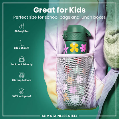 Leak Proof Slim Water Bottle, Stainless Steel, Floral, 600ml (20oz)