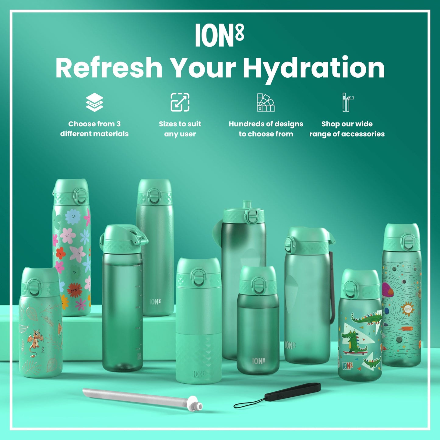 Leak Proof Slim Water Bottle, Stainless Steel, Floral, 600ml (20oz)
