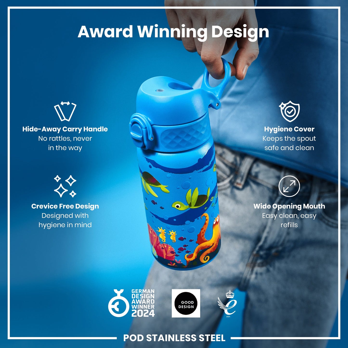 Leak Proof Kids Water Bottle, Stainless Steel, Sea Turtle, 400ml (13oz)