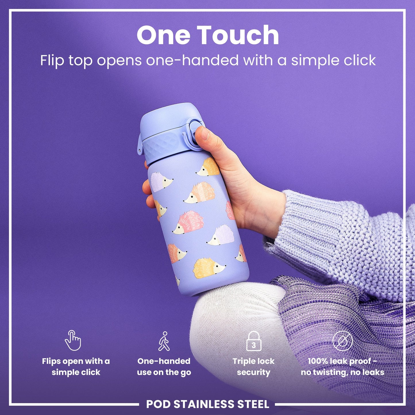 Leak Proof Kids Water Bottle, Stainless Steel, Hedgehogs, 400ml (13oz)