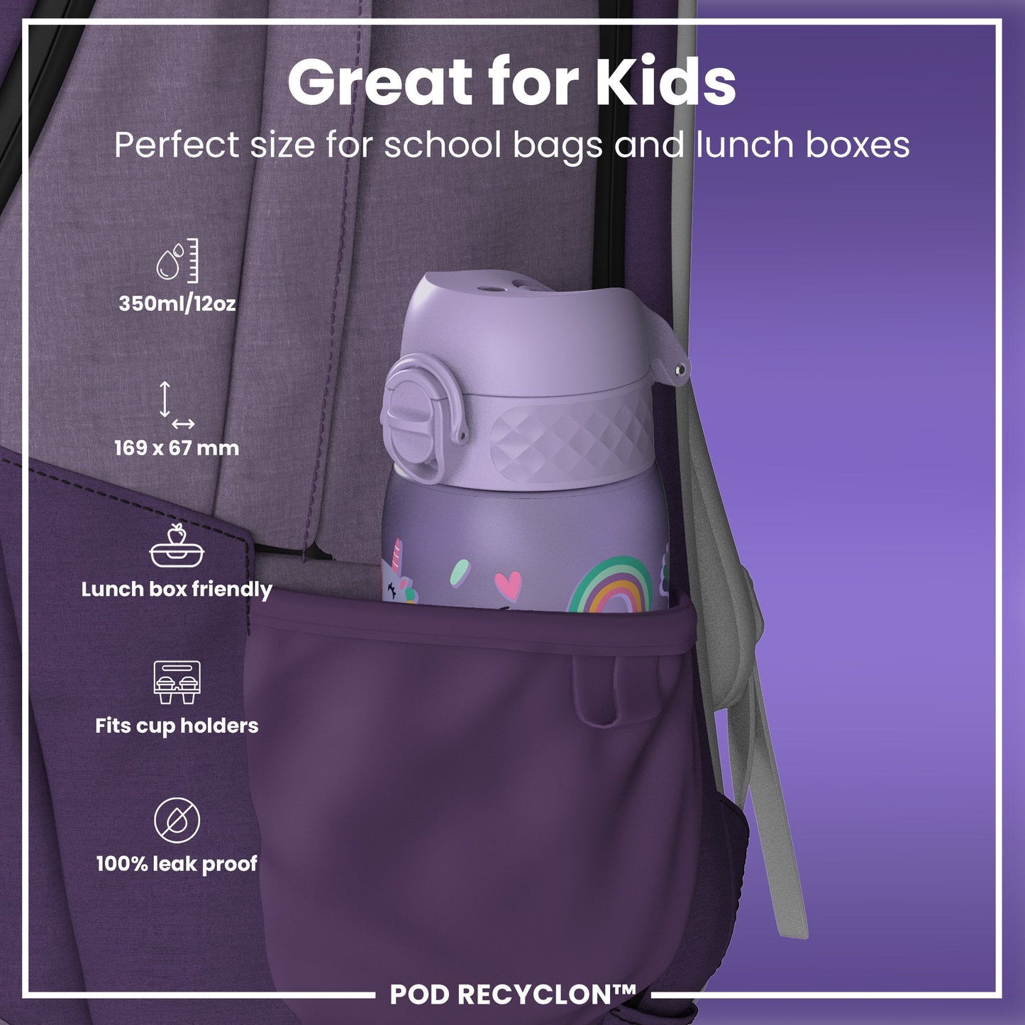 Leak Proof Kids Water Bottle, Recyclon, Purple Unicorns, 350ml (12oz)