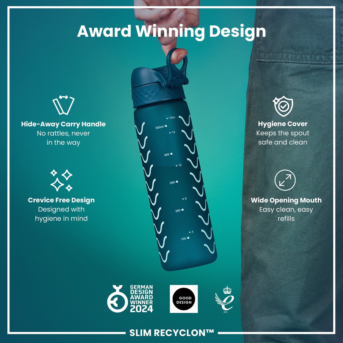 Leak Proof Slim Water Bottle, Recyclon, Waves, 500ml (18oz)