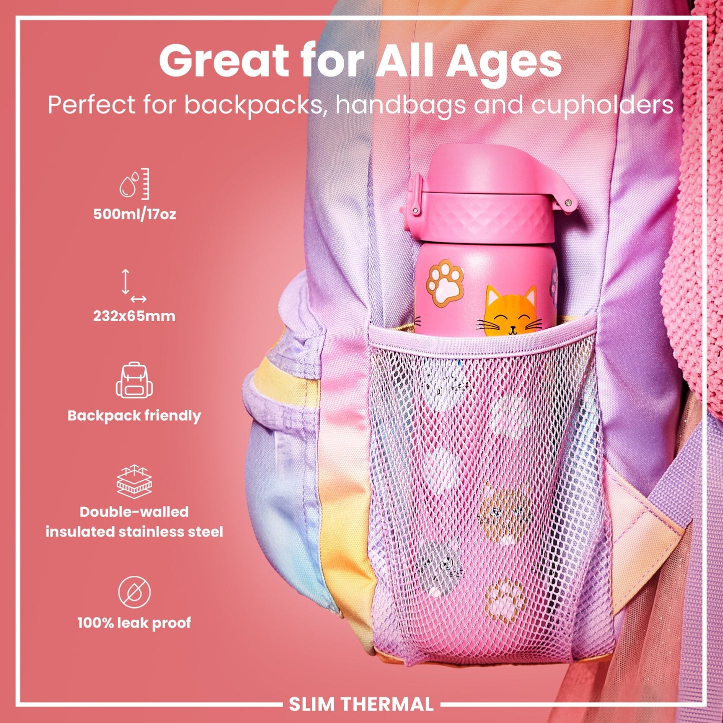 Leak Proof Slim Thermal Steel Water Bottle, Insulated, Cats, 500ml (17oz)