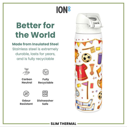 Leak Proof Slim Thermal Steel Water Bottle, Insulated, Football, 500ml (17oz)