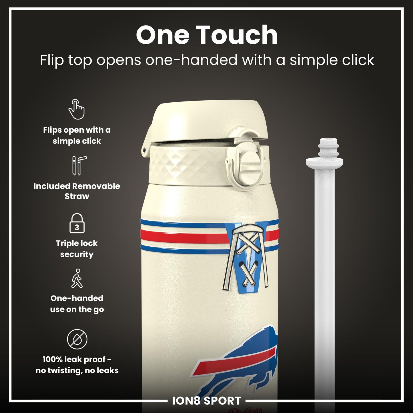 NFL x ION8 Insulated Steel Water Bottle, NFL Bills, 750ml (24oz)