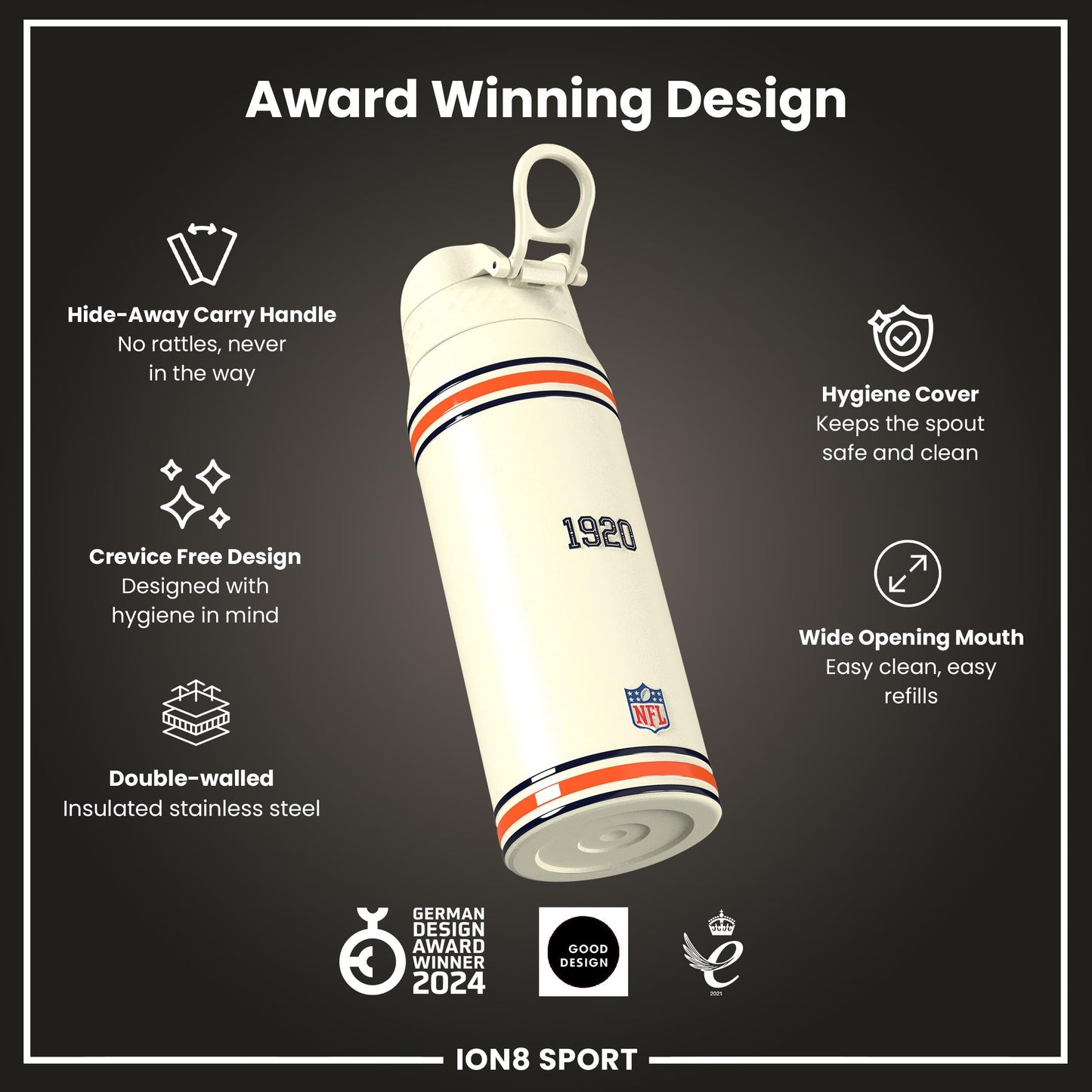 NFL x ION8 Insulated Steel Water Bottle, NFL Bears, 750ml (24oz)