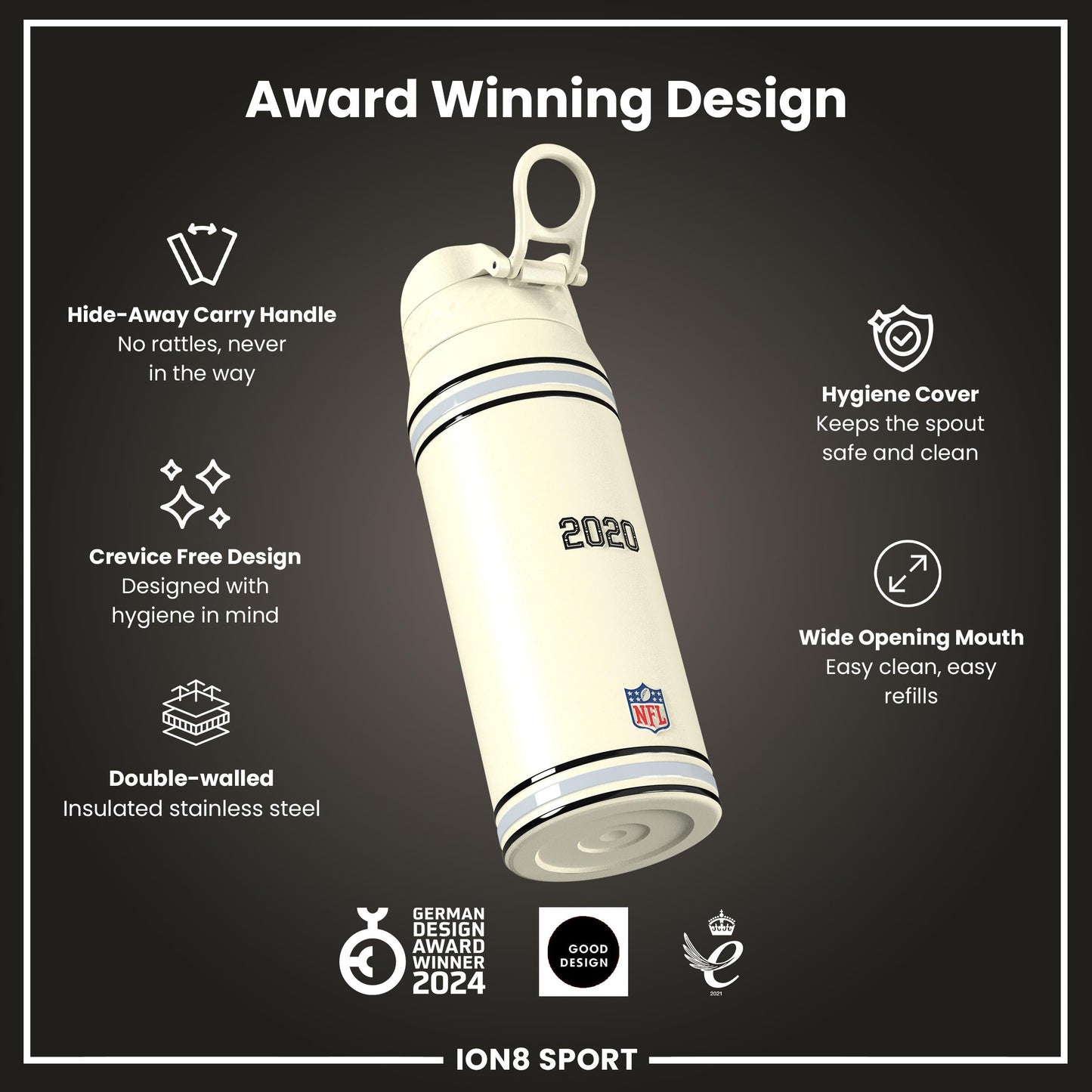 NFL x ION8 Insulated Steel Water Bottle, NFL Raiders, 750ml (24oz)