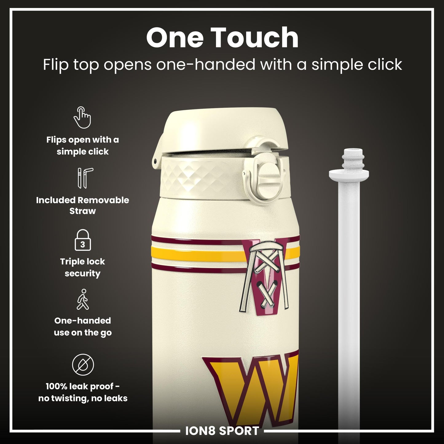 NFL x ION8 Insulated Steel Water Bottle, NFL Commanders, 750ml (24oz)